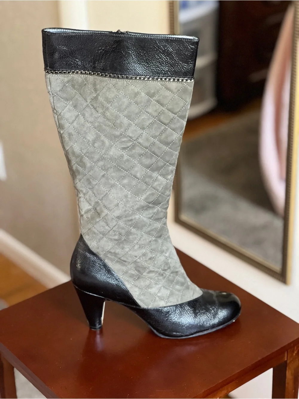 Taryn Rose Quilted Gray Suede and Black Leather Over-the-Knee Boots
